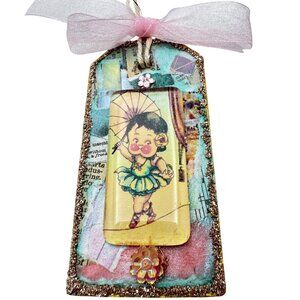 Handcrafted Ornament OOAK Collage Pink Gold Blue Scroll  Accents 3" Ribbon